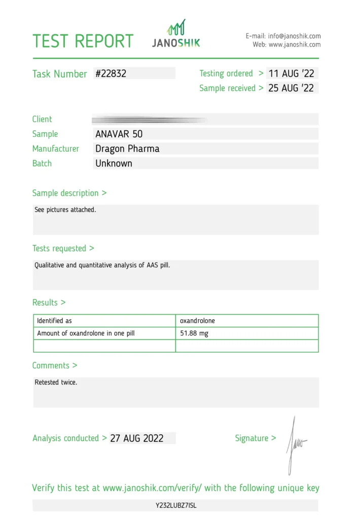 Dragon Pharma Anavar 50 lab report 2022-08-27 Janoshik
