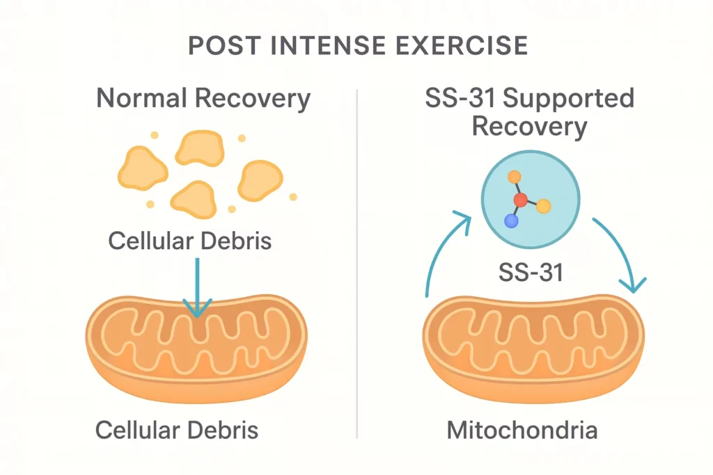 Infographic comparing normal vs. SS-31 supported recovery after intense exercise