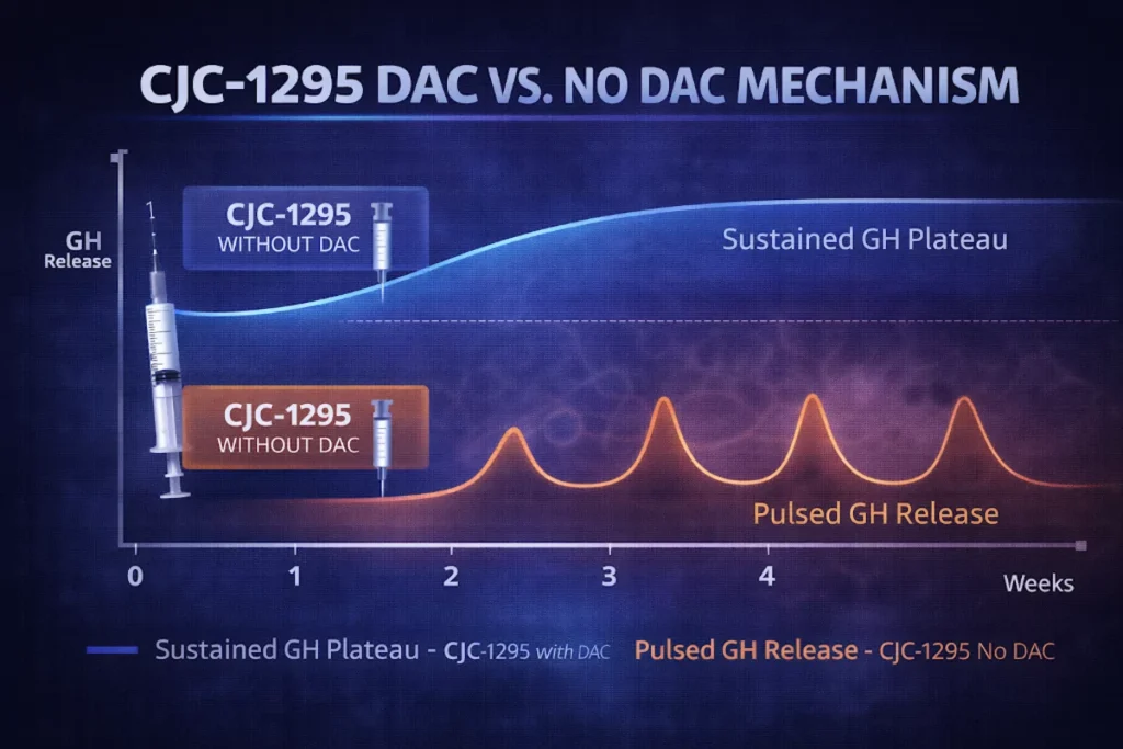 Graph comparing the sustained GH plateau from CJC-1295 With DAC versus the pulsed release from CJC-1295 No DAC.