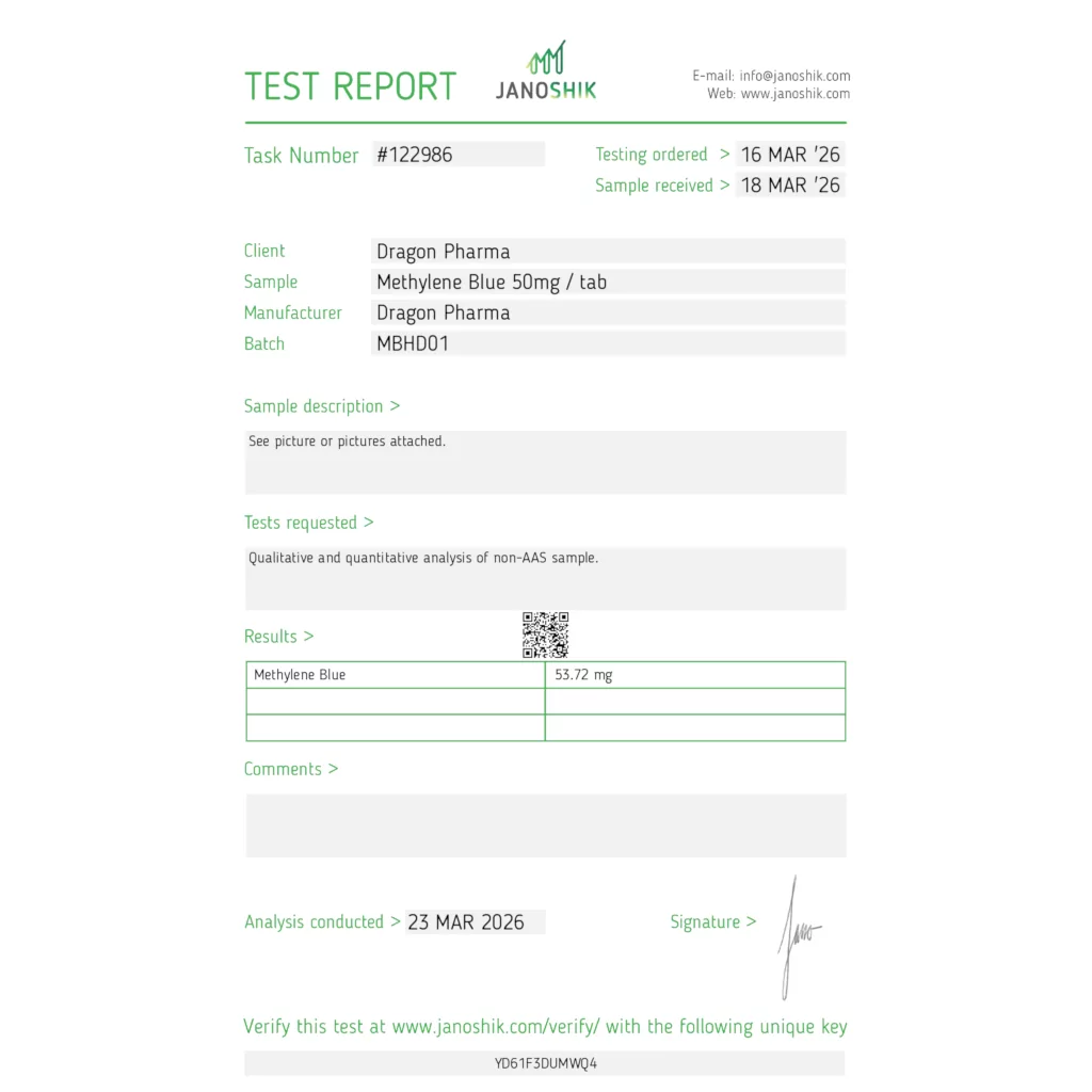 Dragon Pharma Methylene Blue 50 mg lab report 2026-03-23 Janoshik