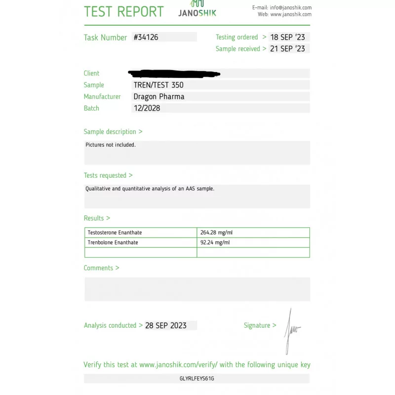 Dragon Pharma Tren Test 350 lab report 2023-09-28 Janoshik