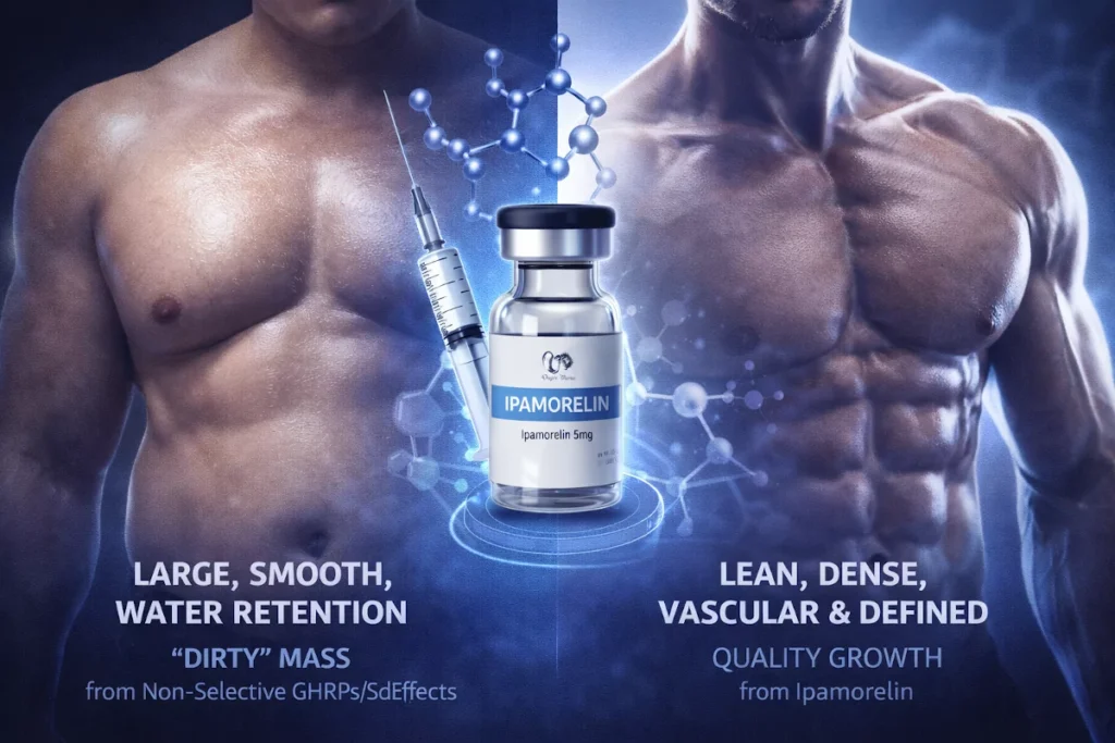 Split image comparing bloated mass vs. lean, defined muscle, with the Ipamorelin peptide structure, illustrating its role as a clean growth tool.