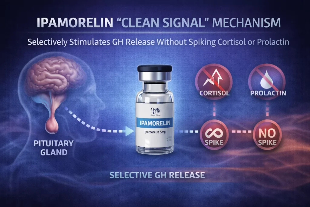 Diagram showing how Ipamorelin selectively stimulates GH release without spiking cortisol or prolactin.