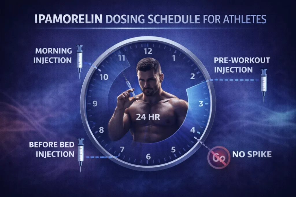 24-hour clock graphic showing optimal Ipamorelin injection times for athletes.