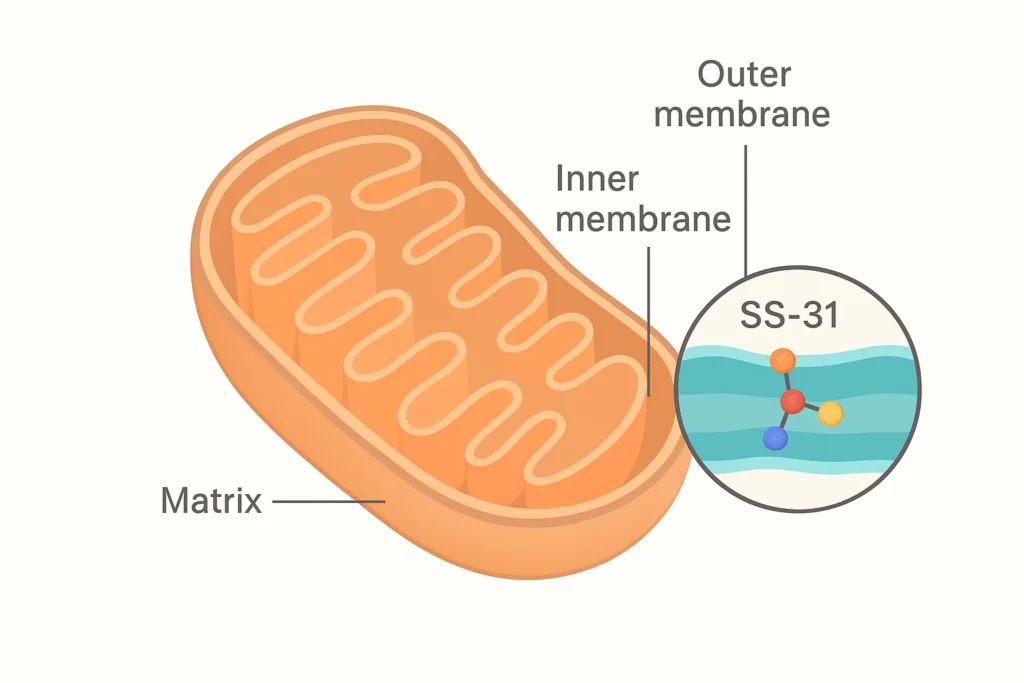 Detailed diagram showing mitochondria structure and where SS-31 peptide interacts with the inner membrane