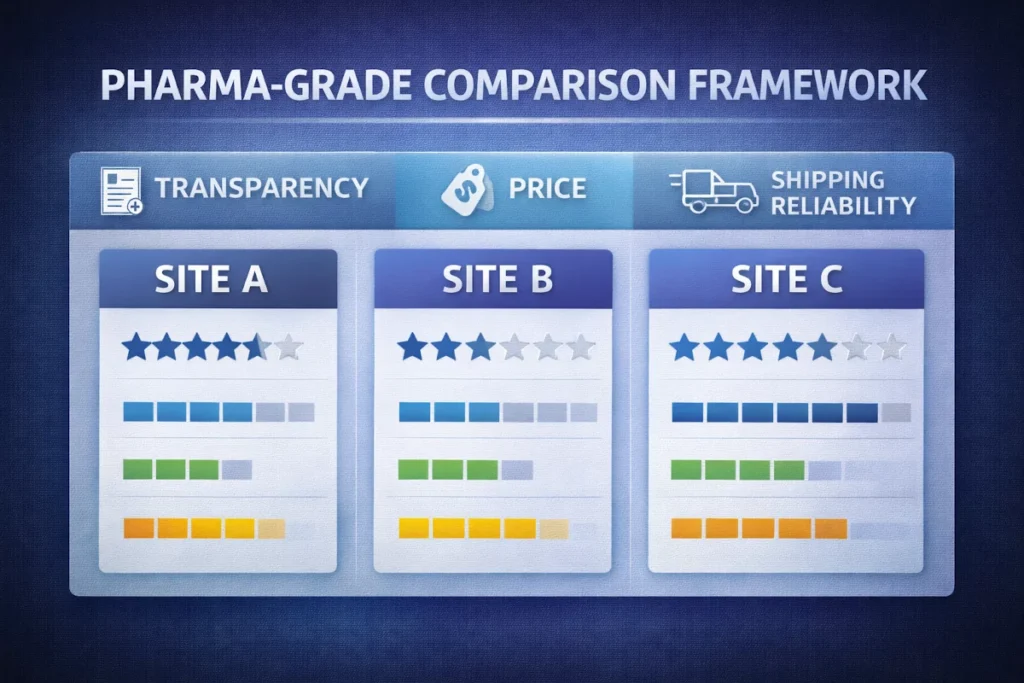 Comparison infographic of pharmaceutical-grade steroid sites showing scores for transparency, price, and shipping reliability.