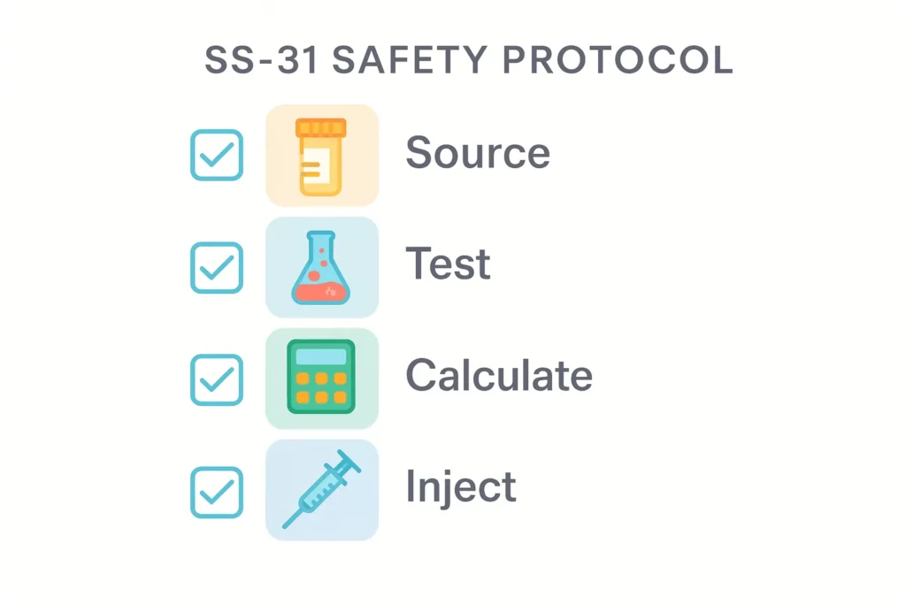 Visual checklist for SS-31 safety protocol: Source, Test, Calculate, Inject, Monitor