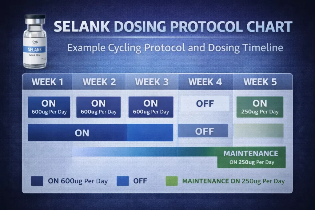 Chart showing example Selank peptide cycling protocol and dosing timeline.
