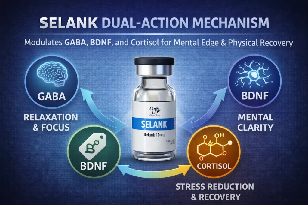 Infographic showing how Selank peptide modulates GABA, BDNF, and cortisol for mental edge and physical recovery.