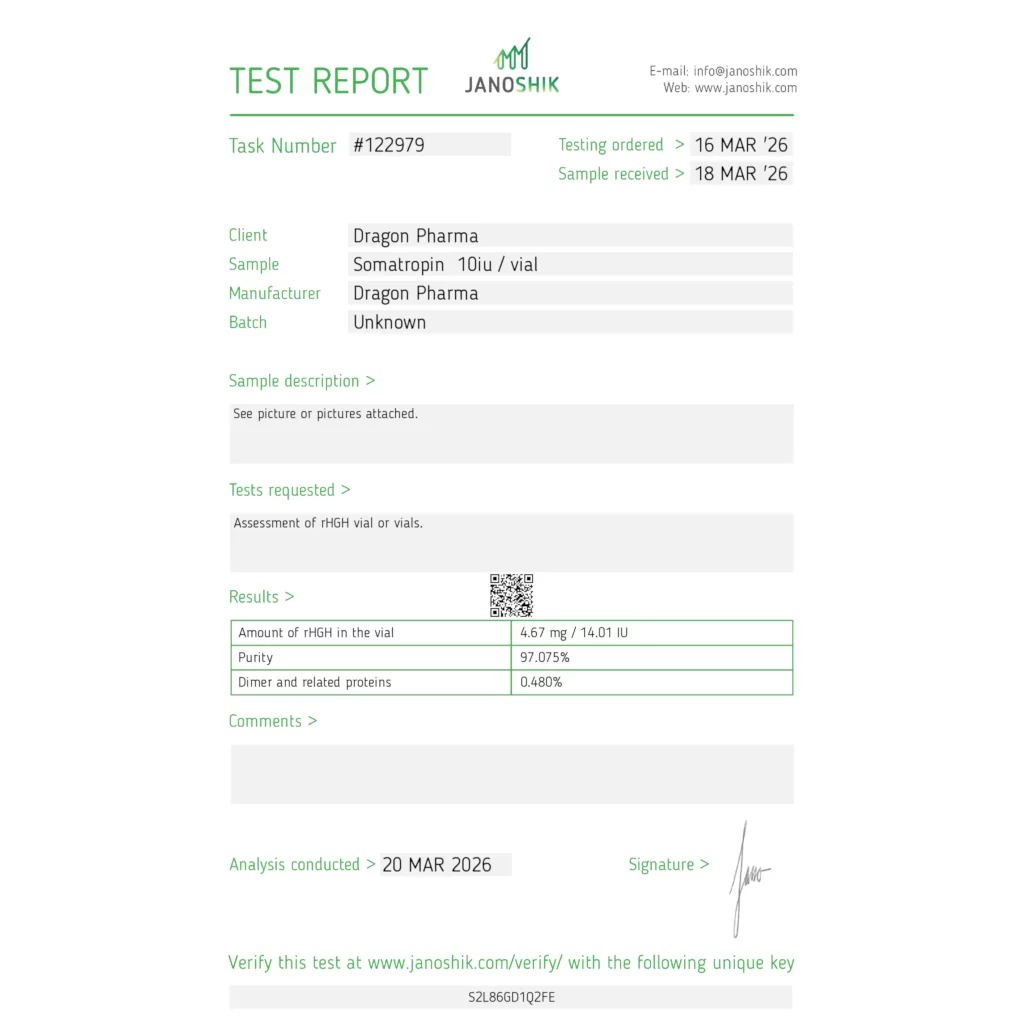 Dragon Pharma Dragontropin 10 IU lab report 2026-03-20 Janoshik