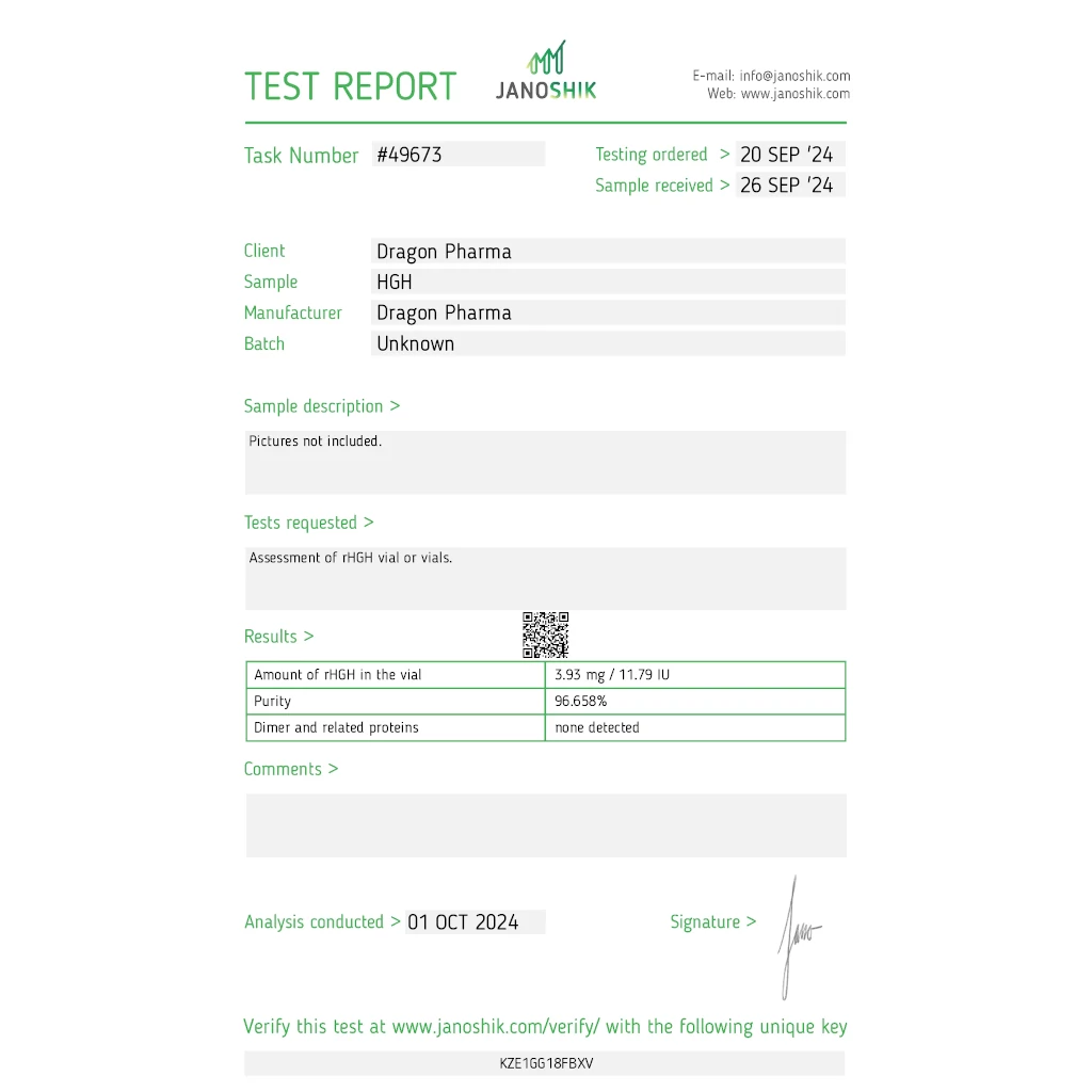 Dragon Pharma Dragontropin 10 IU lab report 2024-10-01 Janoshik