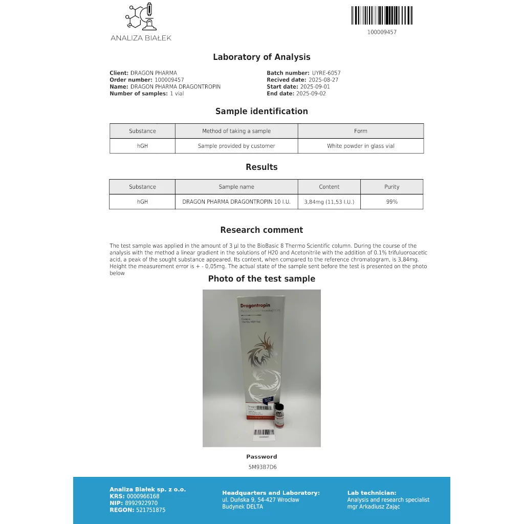 Dragon Pharma Dragontropin 10 IU lab report 2025-09-02 Analiza Bialek